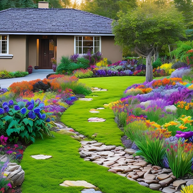 Een tuin met een stenen pad dat leidt naar een huis met een stenen looppad er naar toe.