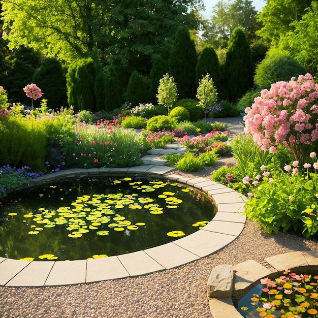 Foto een tuin met een vijver en bloemen en een lelievijver.