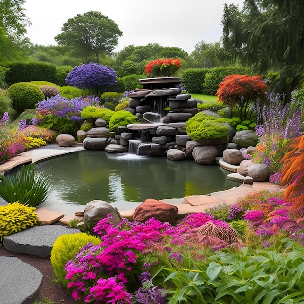Een tuin met een vijver en een waterval en een vijver met bloemen erin.