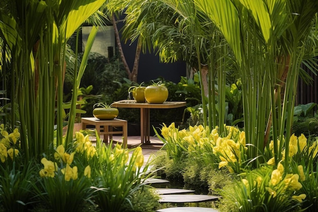 een tuin met gele bloemen en planten