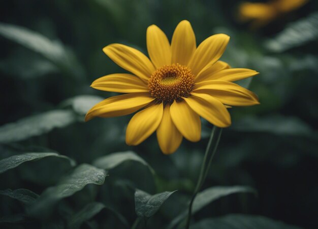 Een tuin met gele bloemen.