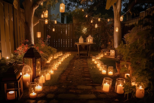 Een tuin met lantaarns, kaarsen en twinkelende lichtjes 's nachts
