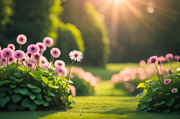 Een tuin met roze bloemen in het zonlicht