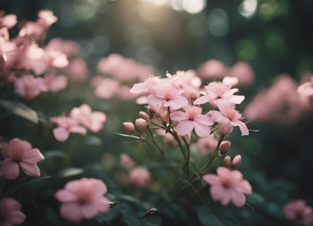 Een tuin met roze bloemen.