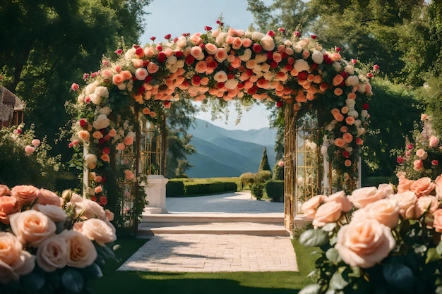 Een tuin met rozen en een prachtige achtergrond voor een huwelijksceremonie.