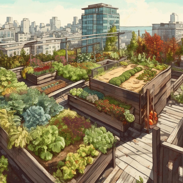 Een tuin op het dak met uitzicht over de stad