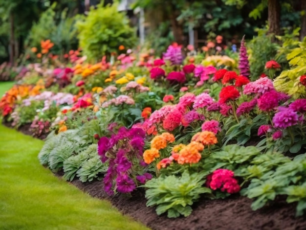 een tuin van bloemen met een groene achtergrond en een rode