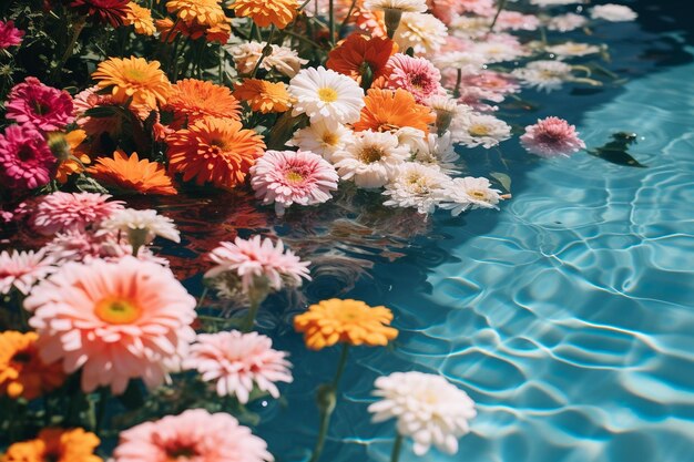 Een tuin zwembad met drijvende bloemen