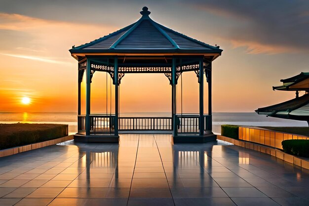 Een tuinhuisje aan zee met de zonsondergang op de achtergrond