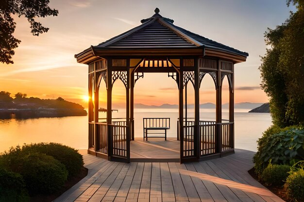 Foto een tuinhuisje met uitzicht op de oceaan en de bergen op de achtergrond.