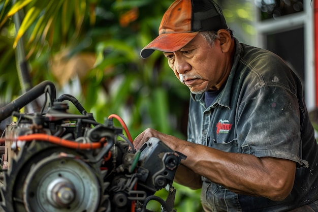 Een tuinier die een grasmaaier repareert en zijn expertise in het repareren van grasmachine benadrukt