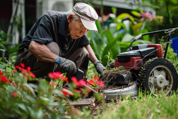 Een tuinier die een grasmaaier repareert en zijn expertise in het repareren van grasmachine benadrukt