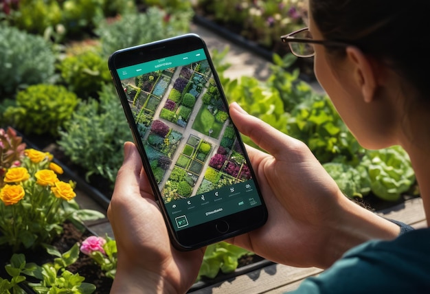 Foto een tuinier gebruikt een tablet om te plannen in een weelderige kas de omgeving is rijk aan verschillende planten