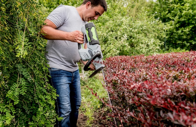 Een tuinman die struik met heggenschaar snoeit