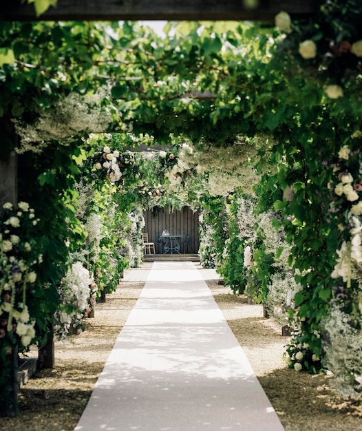 Een tuinpad en pergoPergola met klimplanten en witte rozen.