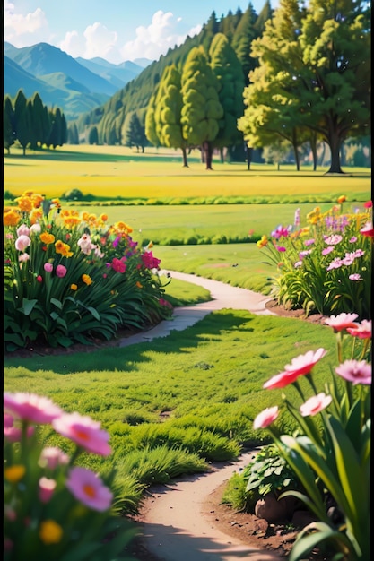 Een tuinpad met bloemen en bomen op de achtergrond