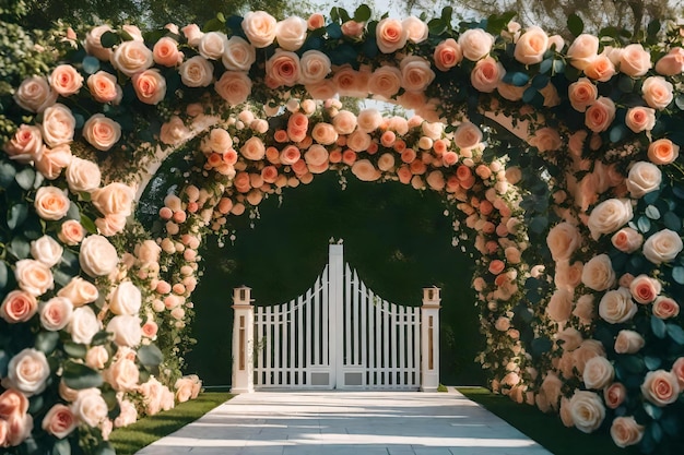 Een tuinpoort met rozen aan de ingang.