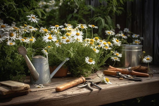 Een tuintafel met een bos madeliefjes en een potplant