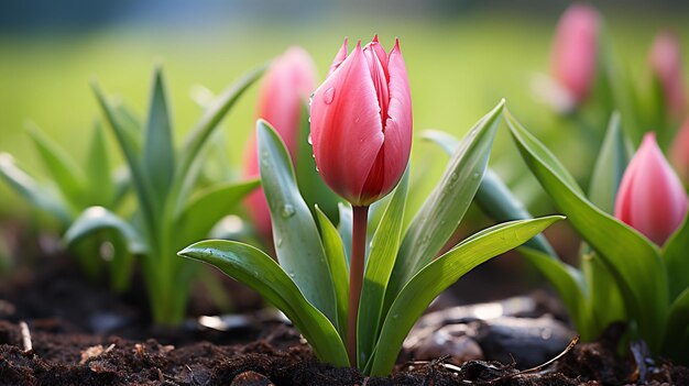 Een tulpenknop, gezien vanaf de top, moet nog bloeien, omringd door groene grassprietjes