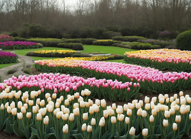 Een tulpenveld in een park met op de voorgrond een rij tulpen.