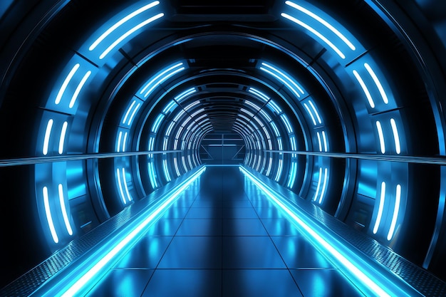 Een tunnel met blauwe lichten erop