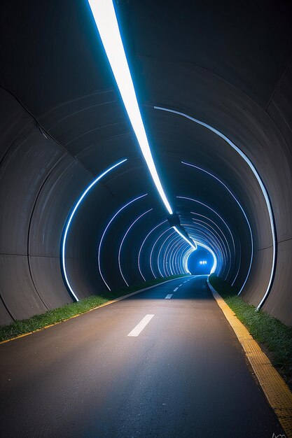 Een tunnel met een blauw licht en een blauwe licht