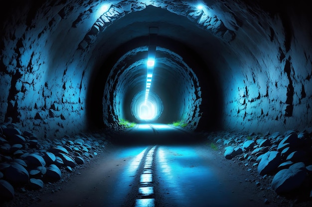 Een tunnel met een blauw licht onderaan.