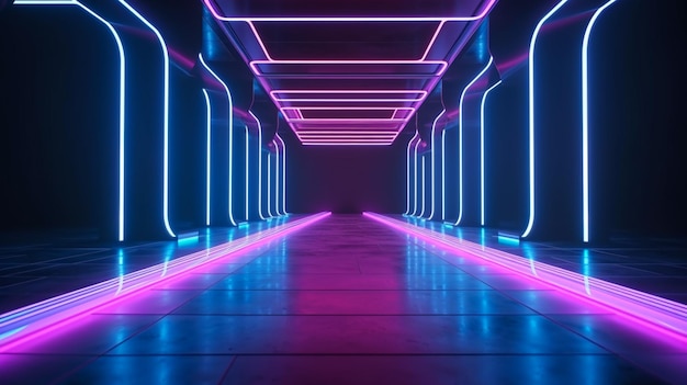 een tunnel met neonlichten erop