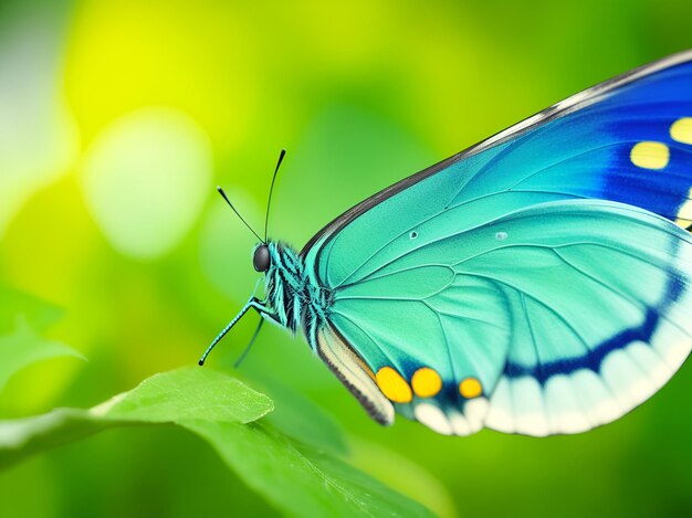 Een turquoise en blauwe vlinder op een groen blad in een close-up view