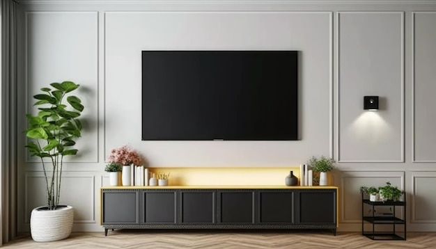 Een tv aan de muur met een schoolbord waarop 'smart tv' staat