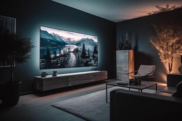 Een tv in een donkere kamer met een afbeelding van een bergtafereel aan de muur.