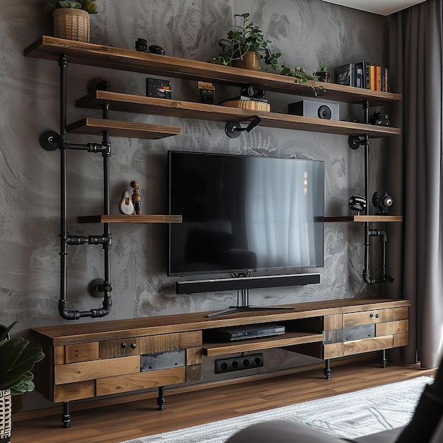 Foto een tv is op een muur gemonteerd met een plank daarboven