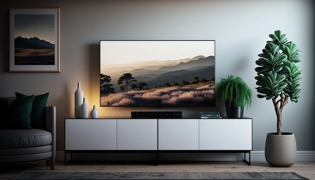 Een tv-scherm met een landschap erop in een woonkamer.