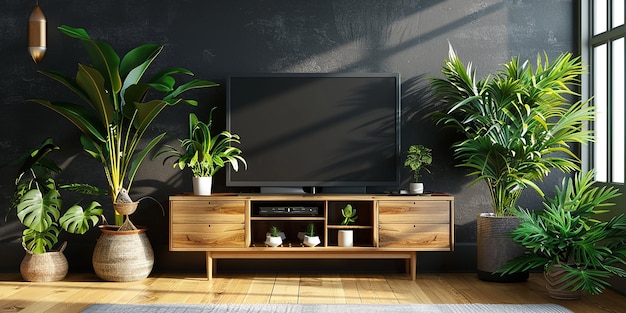 een tv-stand met planten erop en een tv op de muur
