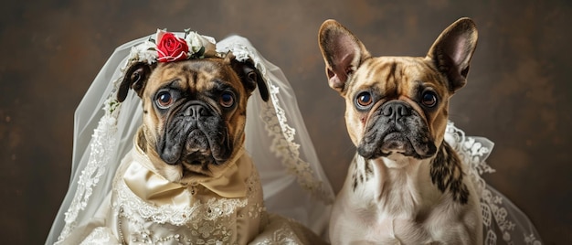 Foto een twee honden grappig gekleed in traditionele bruiloftskleding