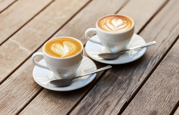 Een twee kopje koffie met hart patroon in een witte kop op houten achtergrond