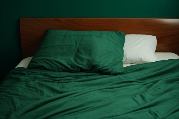 Foto een tweepersoonsbed met een groene deken.