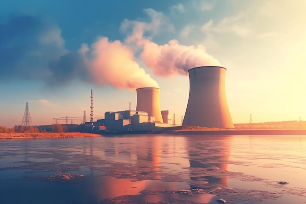 Een typische kernreactor in de verte met een nucleaire elektriciteitscentrale