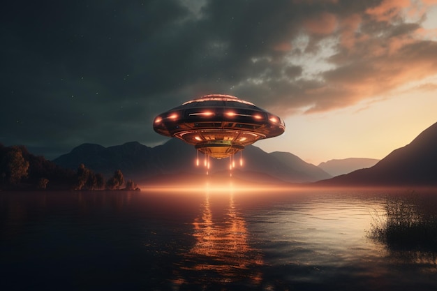 Een ufo die over een meer vliegt met bergen op de achtergrond.