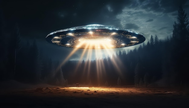 Een UFO gloeit's nachts in de lucht boven het bos.