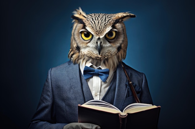 Foto een uil met een bril en een pak houdt een boek op een blauwe achtergrond vast