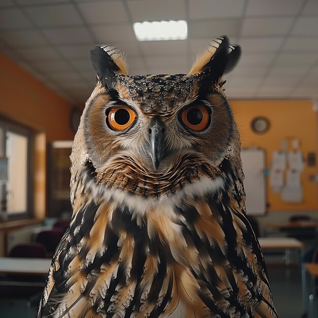 Foto een uil met oranje ogen en zwarte en witte veren staat in een kamer met andere bureaus