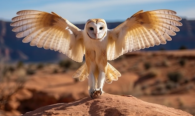 Een uil spreidt zijn vleugels uit terwijl hij op een rots staat