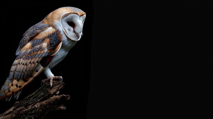 Foto een uil zit op een boomstam met een zwarte achtergrond