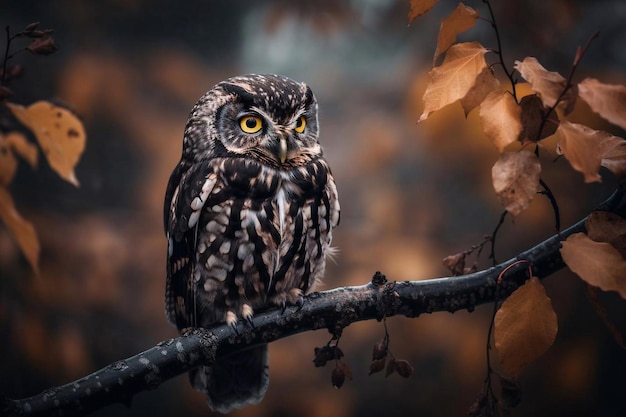 Een uil zit op een tak in het bos AI gegenereerd