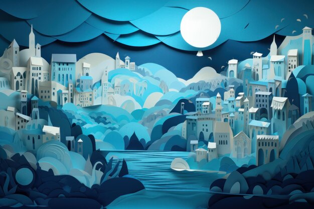 Een uit papier gesneden illustratie van een stad met een maan aan de hemel.