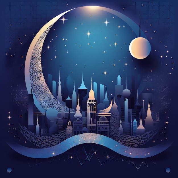 Een uit papier gesneden illustratie van een stad met een maan en sterren.