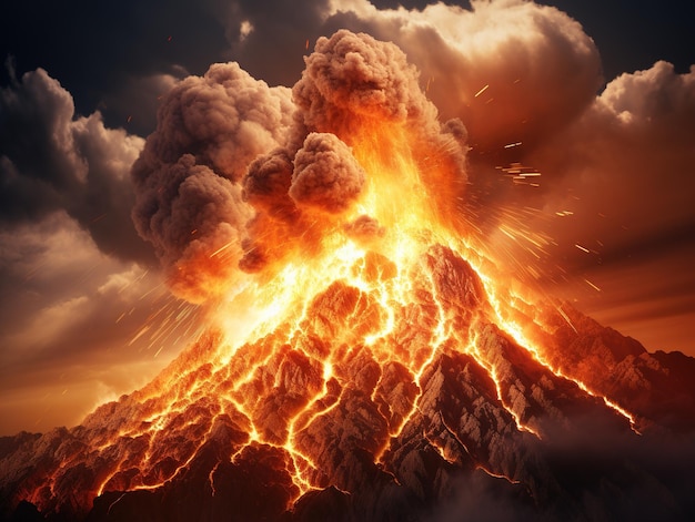 Een uitbarstende vulkaan die lava en stof in de lucht spuugt, natuurrampconcept