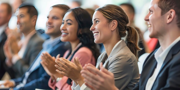 Een uiteenlopende groep bedrijfsleiders glimlachten en klappen terwijl ze naar een presentatie in de vergaderzaal luisterden