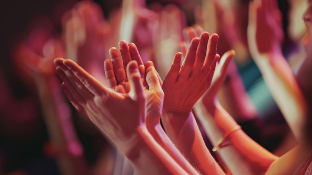 Een uiteenlopende groep individuen verenigd in geest die vreugdevol hun handen in eenstemmigheid opheffen